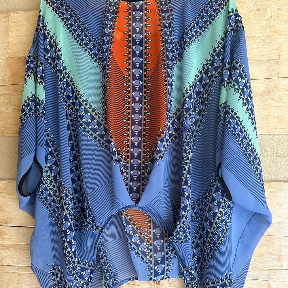 Bisou Bisou Blue & Mint Boho Geometric Blouse with Orange Accent